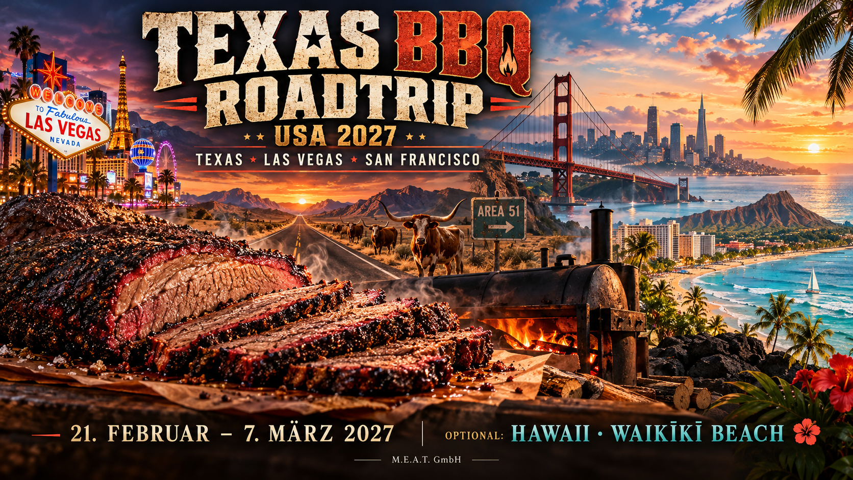 Konzeptmotiv: Texas BBQ, Longhorns, Las Vegas, San Francisco und Waikiki
