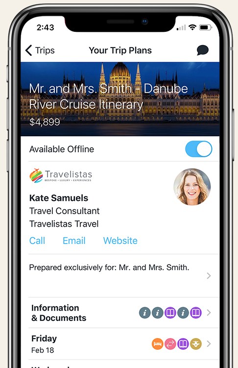 Offizielles Travefy-Beispiel: ein persönlicher Reiseplan in der Trip Plans-App auf einem Smartphone