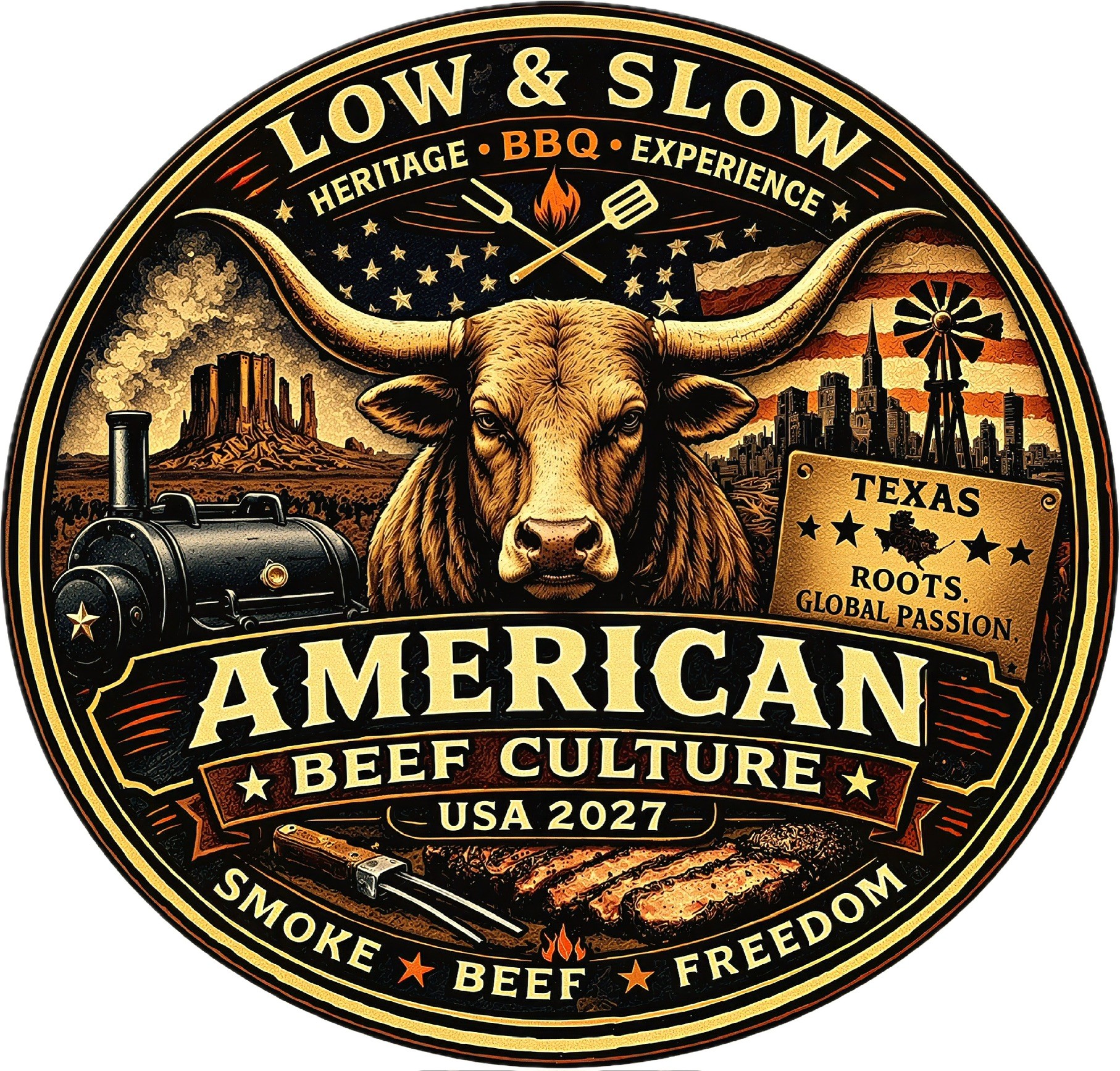 Originales American Beef Culture USA 2027 Reise-Logo mit Longhorn, Smoker und BBQ