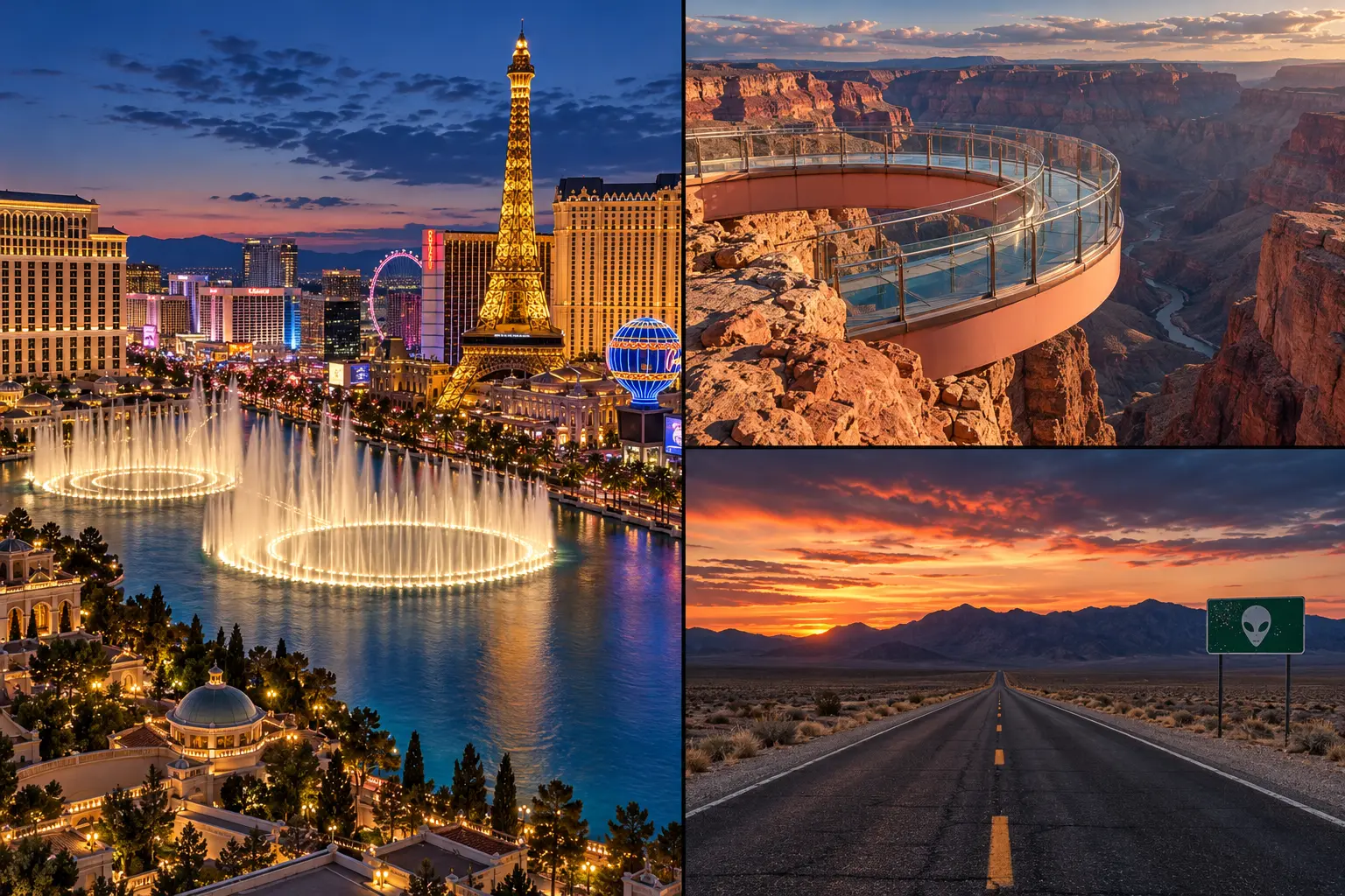 Illustrative Collage: Las Vegas Strip, Skywalk und Wüstenstraße in der Area-51-Region